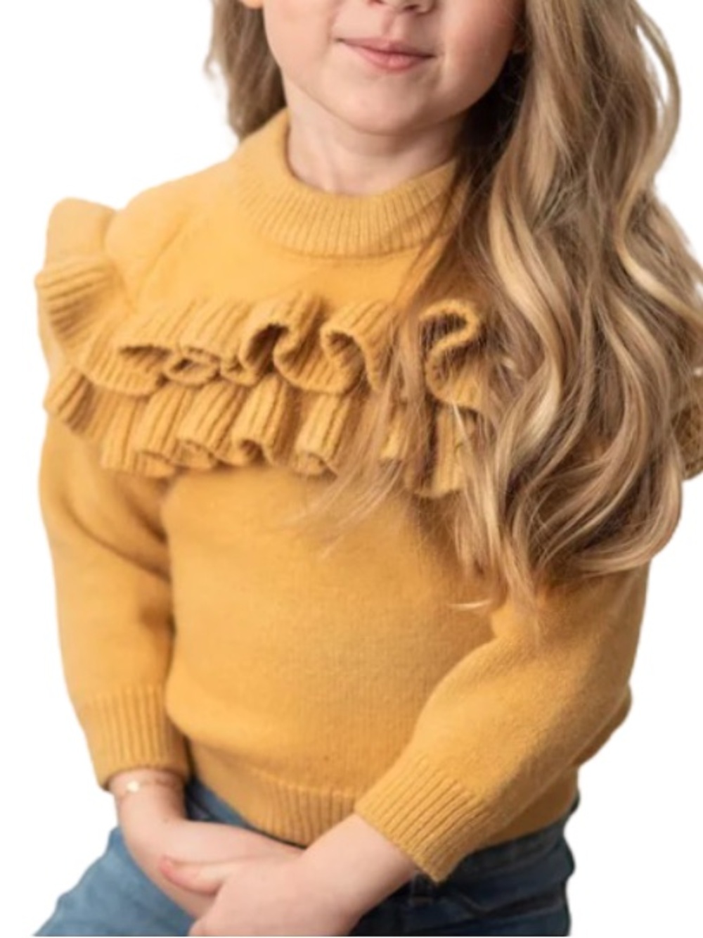 Oopsie Daisy Mustard Double Ruffle Crew Neck Sweater Girls 7/8